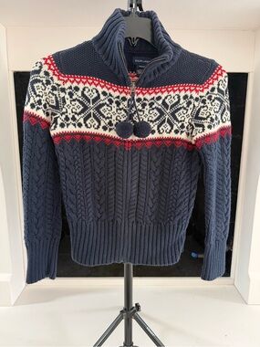 Ralph Lauren Navy Fair Isle Cable-Knit Half-Zip Sweater with Red and White Yoke